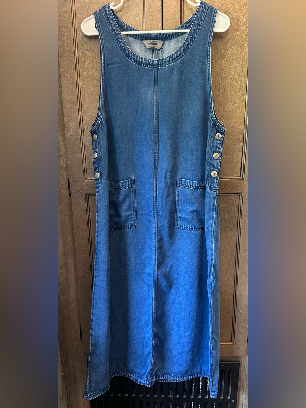 AKS Blue Denim Pinafore Dress Pockets Tencel/Lyocell Size Large